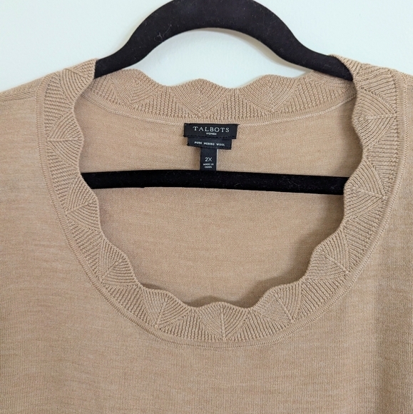 NWOT Talbots 100% Pure Merino Wool Scalloped Neck Sweater Tan Size 2X - Picture 2 of 4